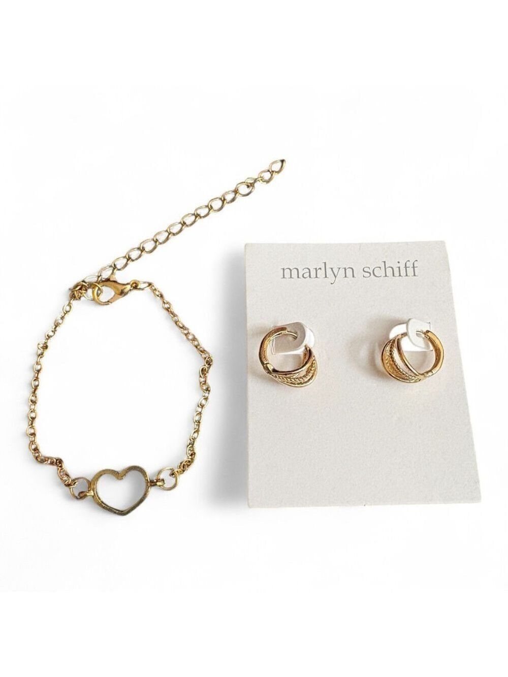 Marlyn Schiff Gold Heart Bracelet and Earrings Bundle NWOT